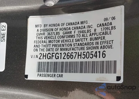 2007 Honda Civic Lx из США, поврежденный, VIN 2HGFG12667H505416